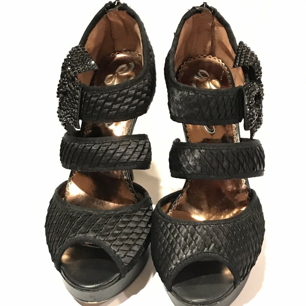 Poetic Licence Black Satin Heels Rhinestones - Picture 3 of 8